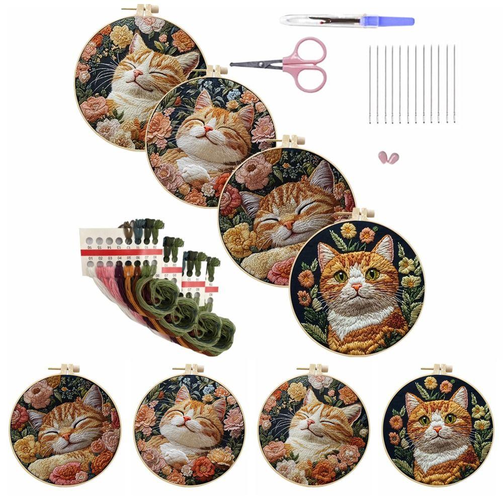 1 Set Cat Embroidery Kit Embroidery Frame with Patterns Fabric Material Package Scissors Seam Remover DIY Craft Kits Decoration