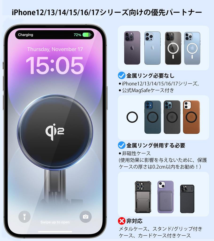 EnGMOLPHY MagSafe Kompatibel Kabellos Neueste Qi2 Magnetisch Auto Magnetisch Kabellose Ladebecher Bis zu 15W Schnell Verstellbar Kompatibel mit iPhone MagSafe