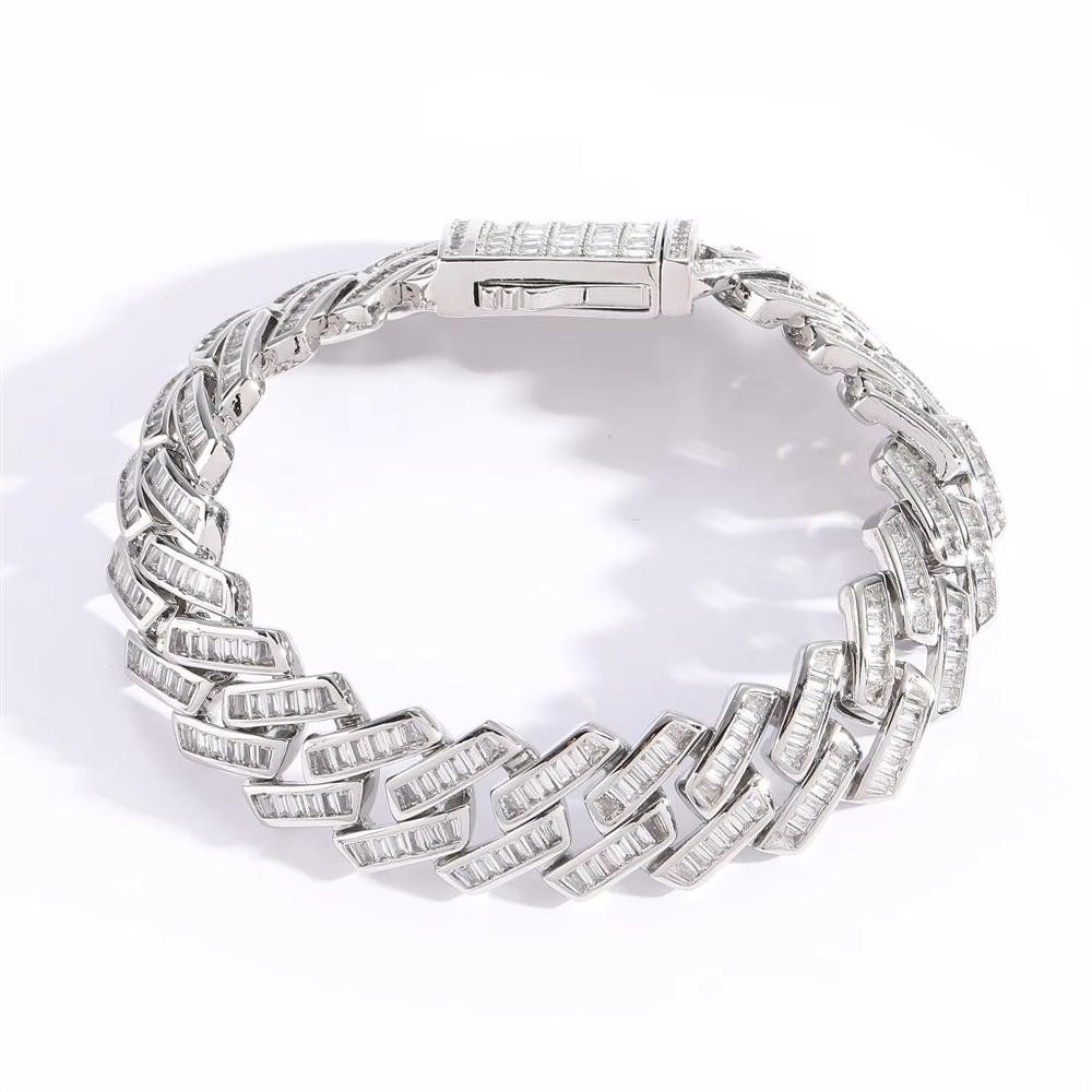 Hip Hop Jewelry 16mm Wide Iced Out Baguette Zircon Rhombus Prong Cuban Link Chain Bracelet for Men