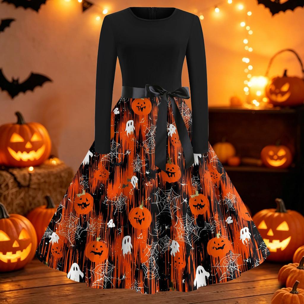 Women's Vintage Halloween Print Round Neck Casual Dress for Everyday Wear