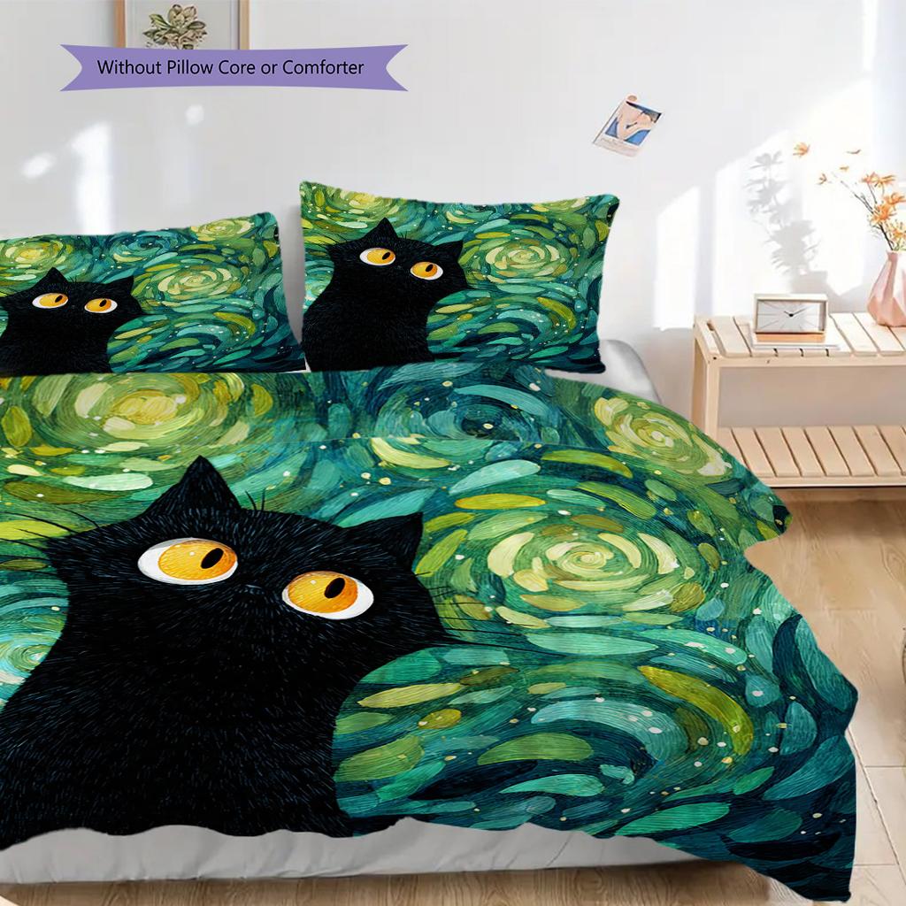 Set Copripiumino Trapuntato con Motivo Gatto Nero Federa Decorazione per la Casa Regalo di Compleanno (1 * copripiumino + 2 * federa, senza nucleo)