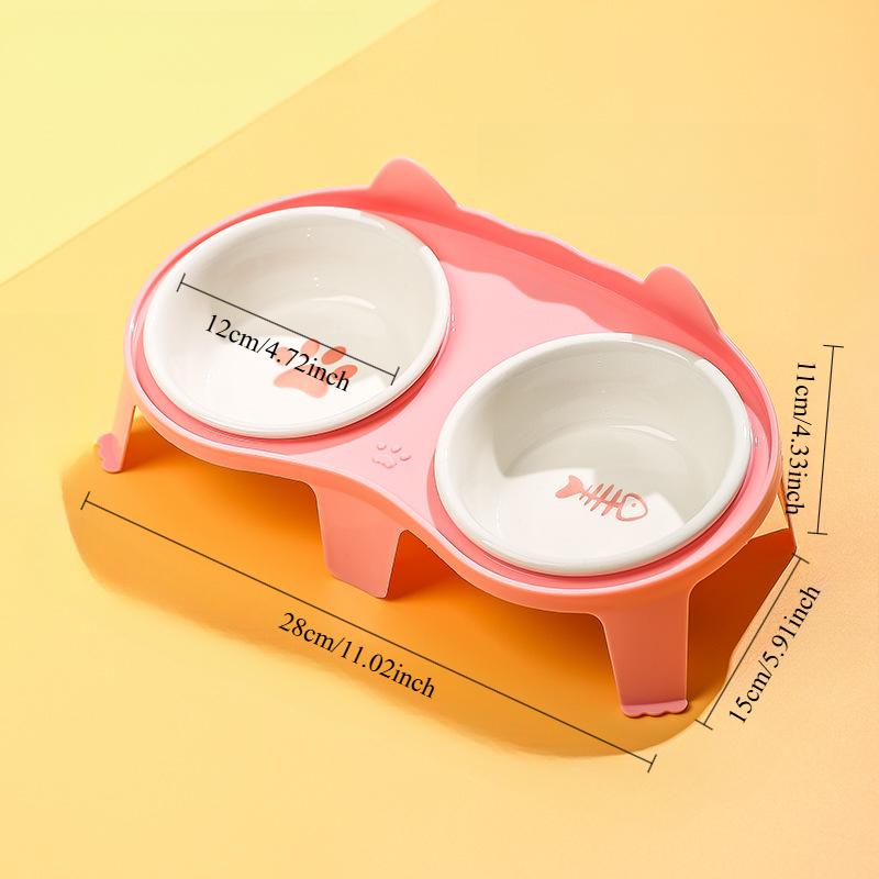 Kitten Double Ceramic Feeder Bowl Pet Water and Food Bowl Dish with Wood Stand No Spill Pet Ceramic Double Bowl for Dog Cat