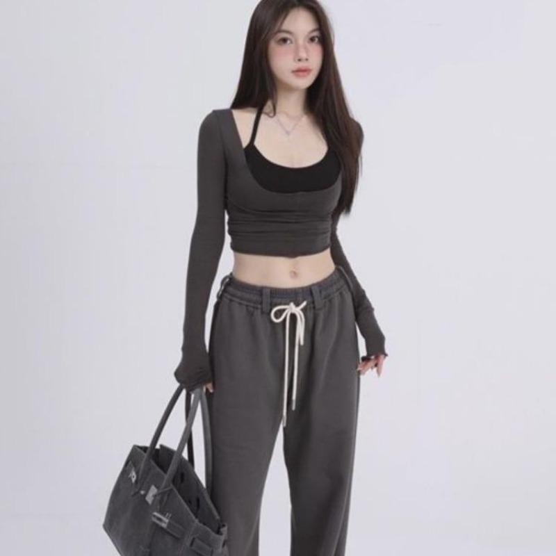 2KWEIRD Set Două Piese Estetică Y2k Harajuku Tricouri Halter Mânecă Lungă Tricouri Femme All Match Top Patchwork cu Bretele Spaghetti Femei