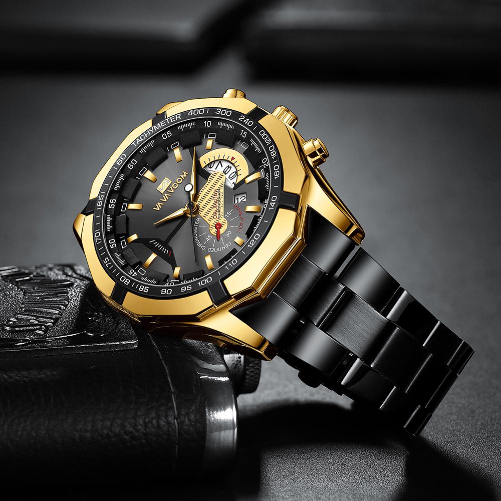 VA VA VOOM Montres à Quartz pour hommes, marque de luxe originale, étanche 3ATM, Style squelette doré, chronographe 24 heures