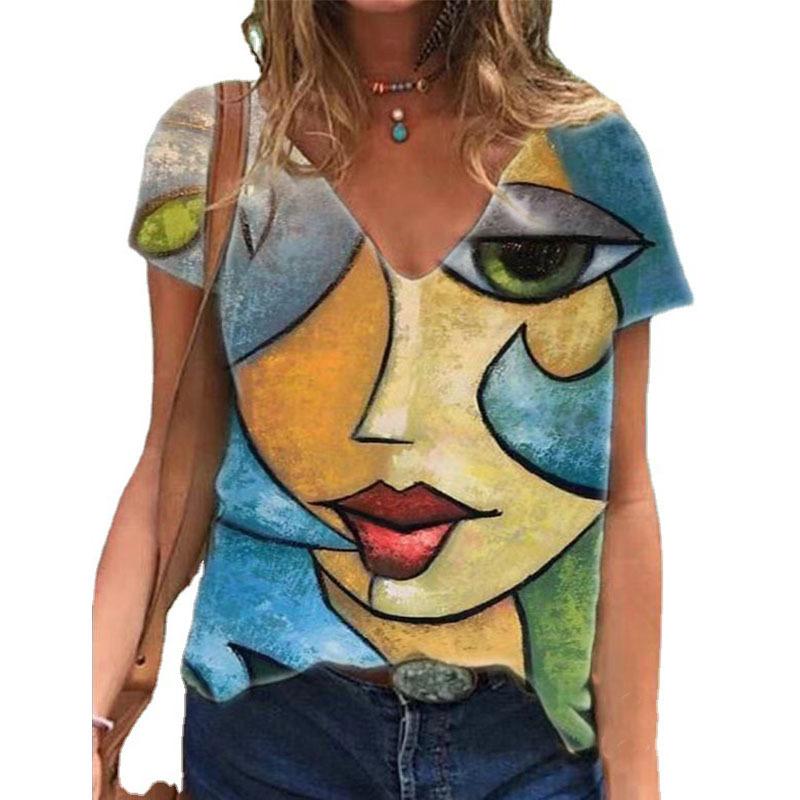 Fashion Trend Abstract Figure 3D Printed V-neck Pullover Women's T-shirts