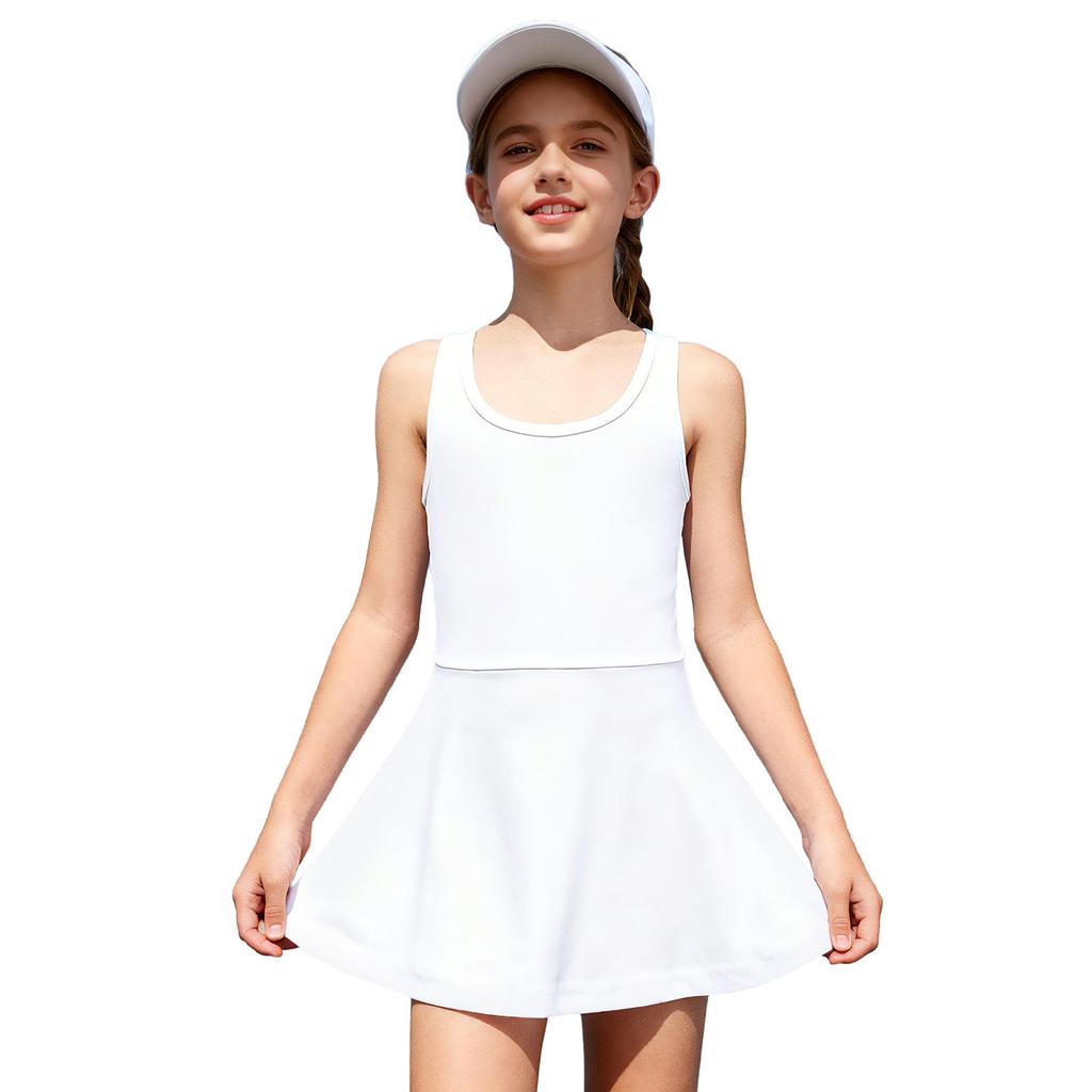 Girls Workout Tennis Dress U Neck Sleeveless Racerback Sundress Solid Color Golf Sports Dresses
