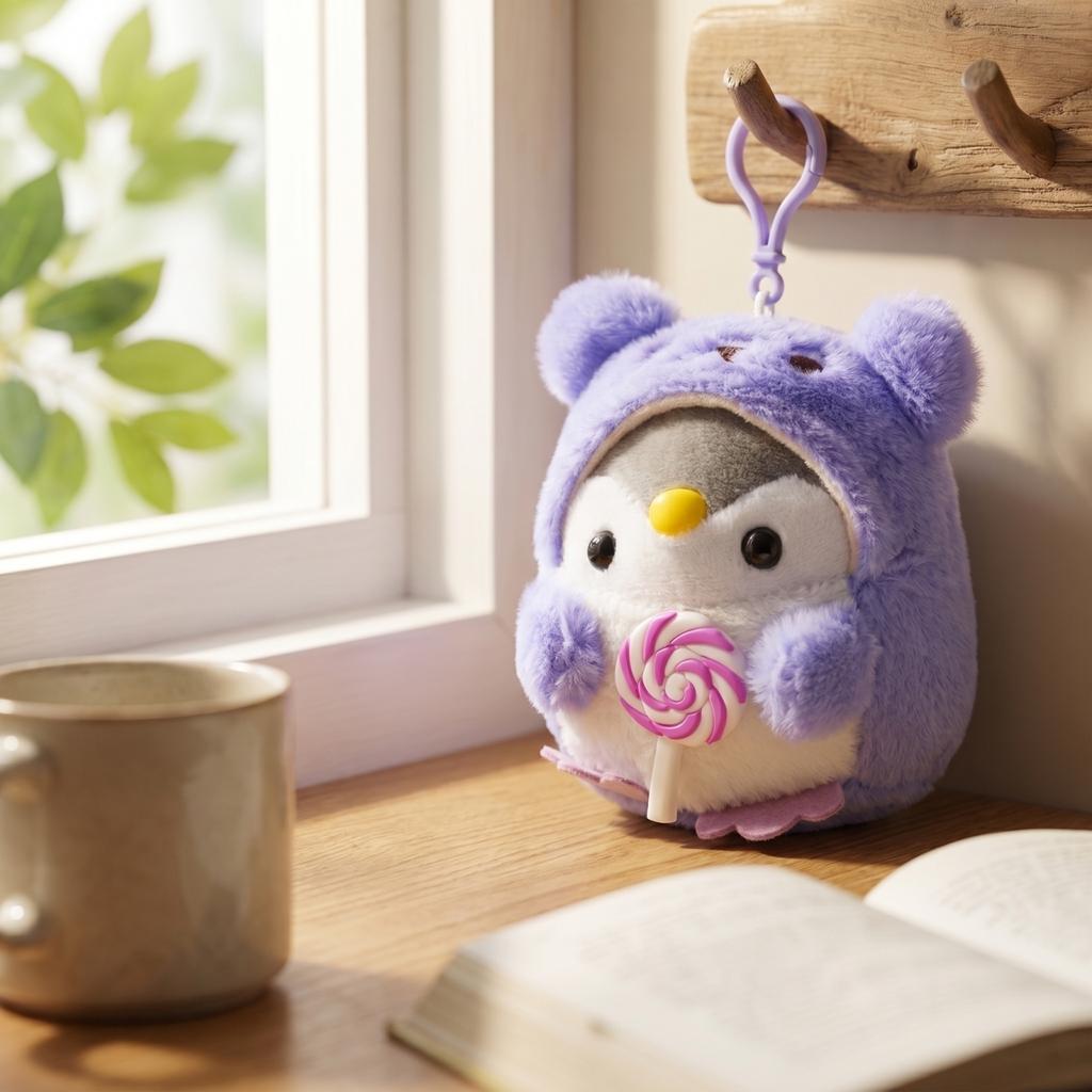 Plush Penguin Stuffed Animal Keychain Soft Toy with Ice Cream Accessory and Bear Hood Cute Design for Kids and Collectors