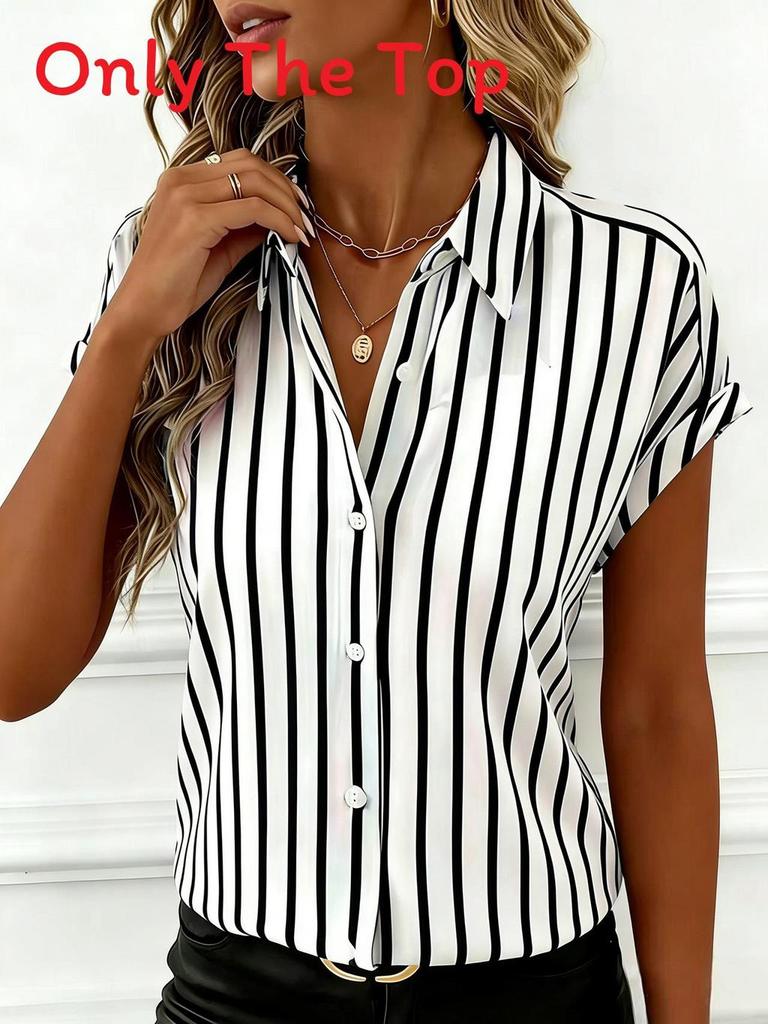 Striped Blouse For Women With Polyester Fabric Short Sleeve Office Style For Spring 2026