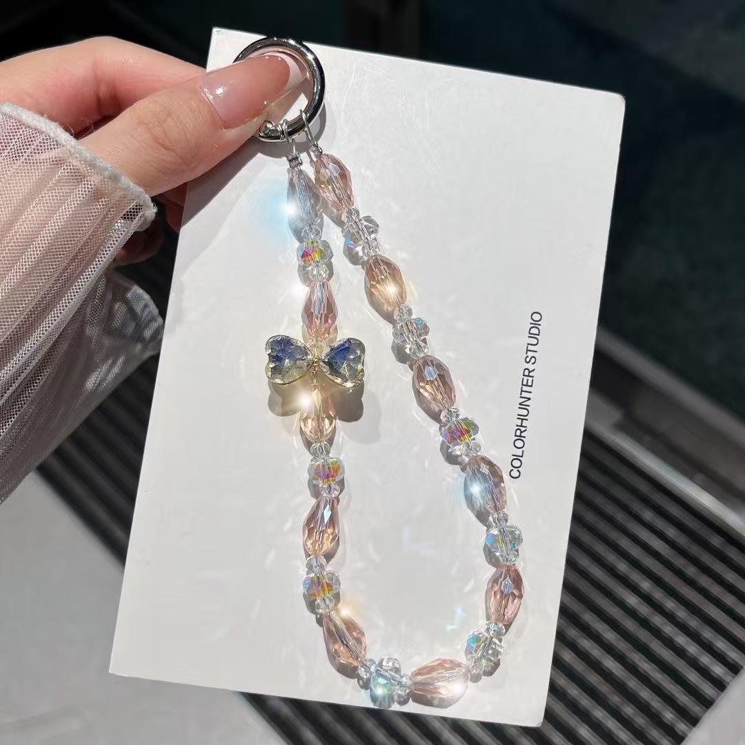 

Handmade Bead Phone Chain Three-Dimensional Rhinestone Bow Ins Minority Phone Hanging Rope High Aesthetic Keychain Chain Lanyard