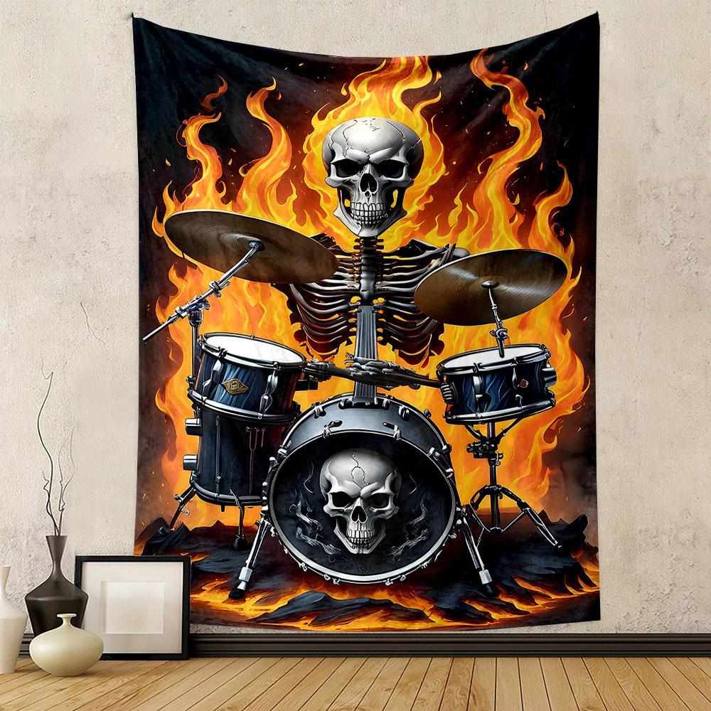 "Skeleton Drummer with Flaming Background" Patterned Tapestry Home Decor, Suitable for Bedroom and Living Room, Gift
