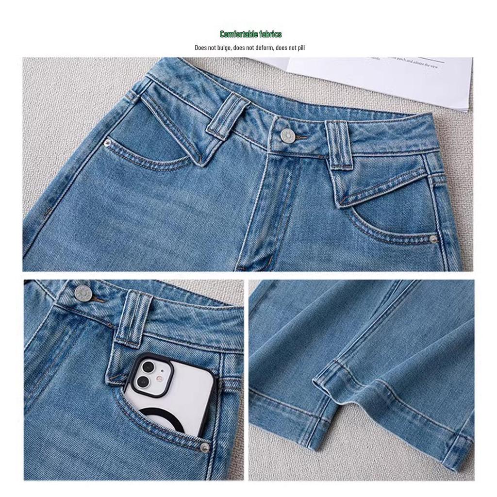 Women's Light Blue High-Waist Cropped Wide-Leg Jeans - Spring/Autumn 2025 Trendy Petite Straight-Leg Style