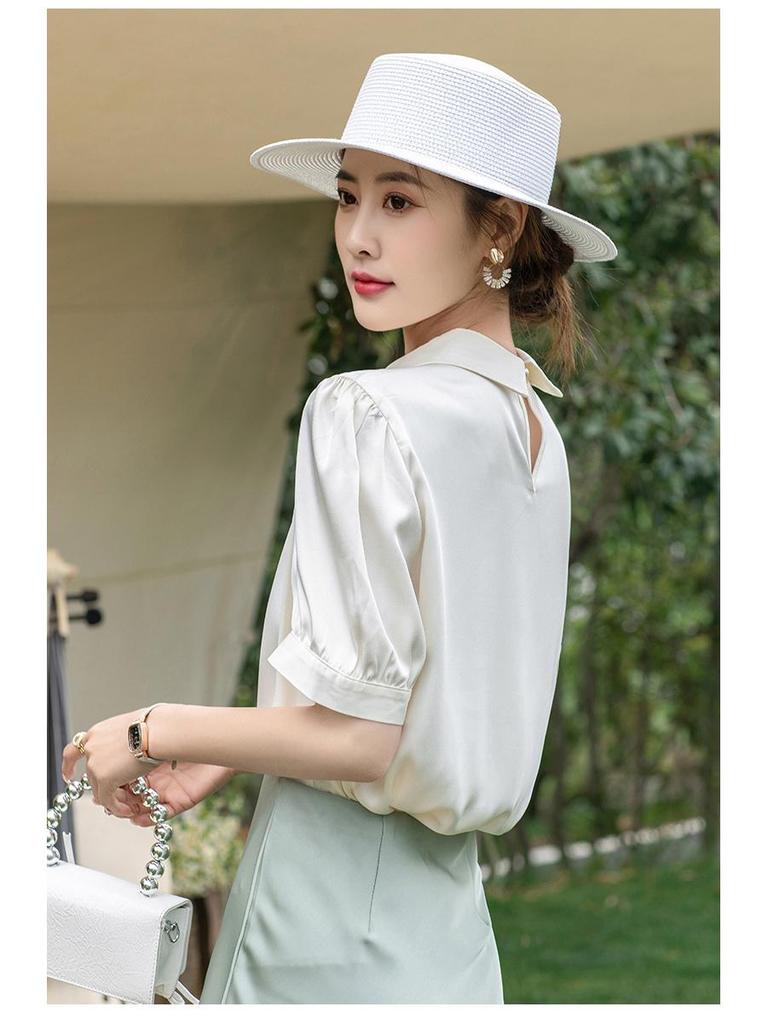 2025 Summer European Women's Silk Lapel Short Sleeve Solid Color T-Shirt