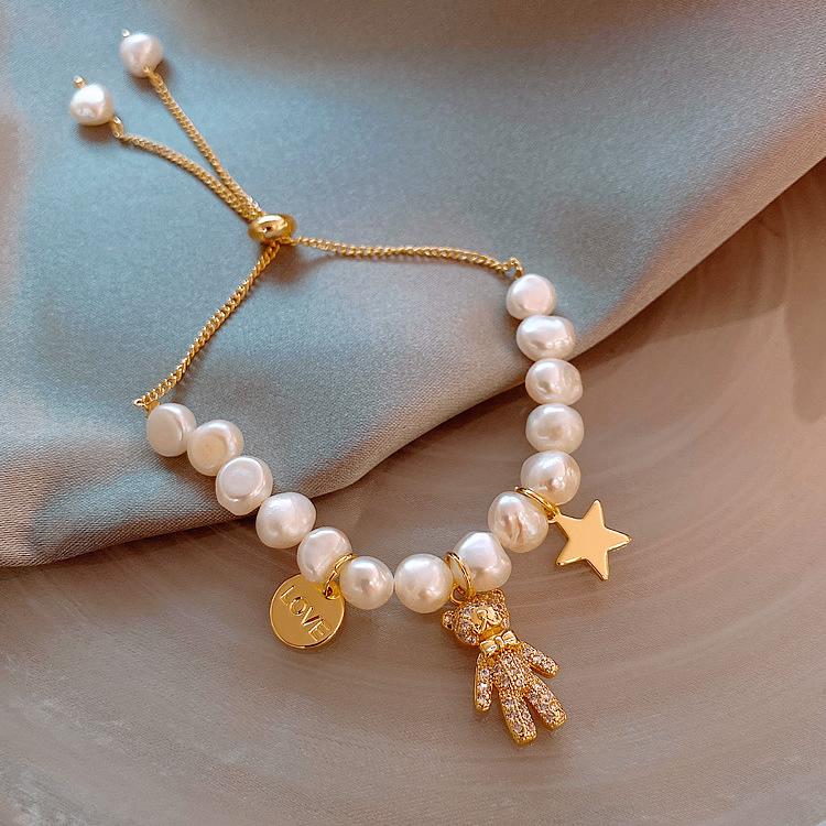 

Sweet Little Bear Animal Design 100% Natural Baroque Freshwater Pearl 14K Gold Filled Female Charm Bracelets For Women