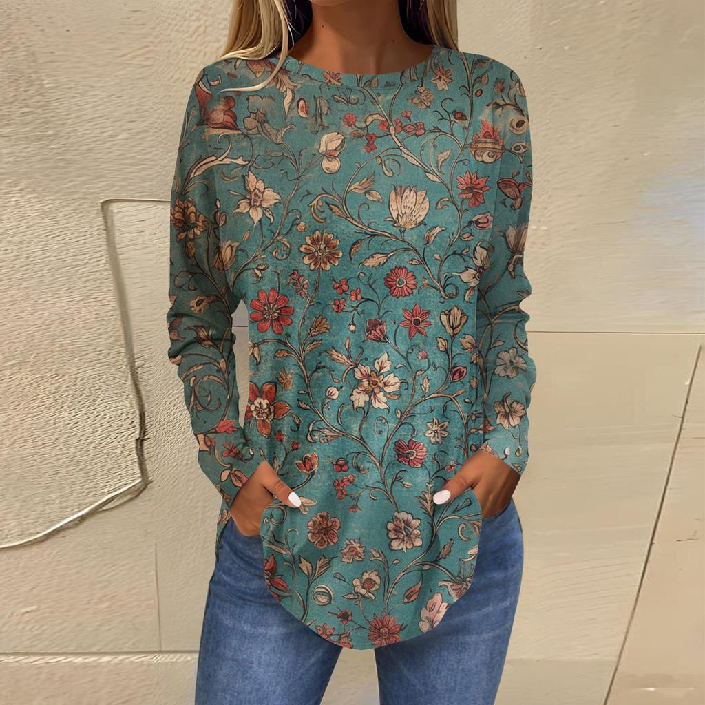 Shirts For Women Cute  Vintage Pattern Print T-Shirt Long Sleeve Tunic Tops Cotton Pullovers