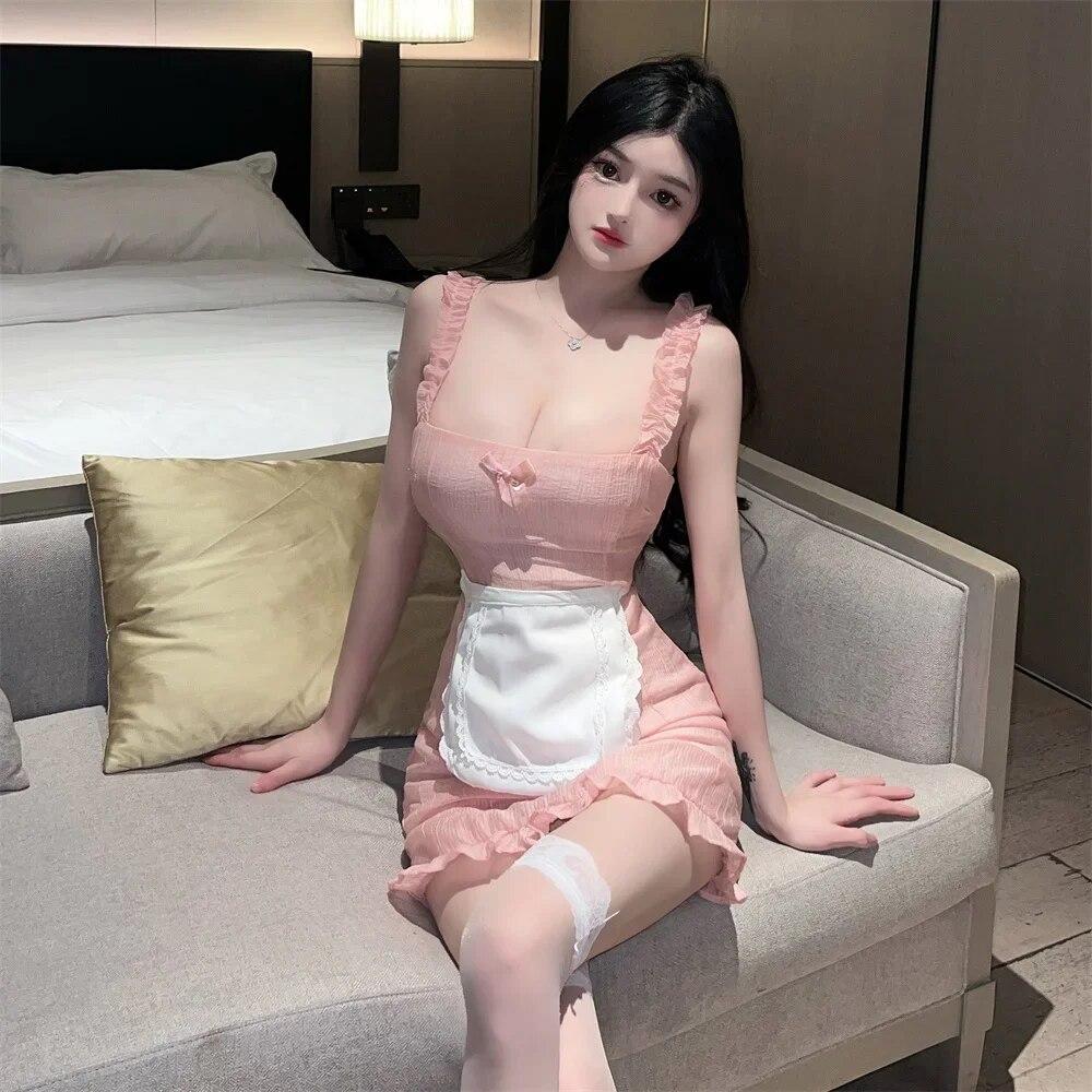 Sexy Lace Lace Maid Servant Cosplay Uniform Costumes Temptation See-Through Lolita Flounce One-Piece Dress Apron Lingerie