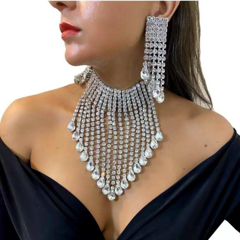 Water Drop Pendant Necklace With Multilayer Tassels For Fashion Party Wear Women
