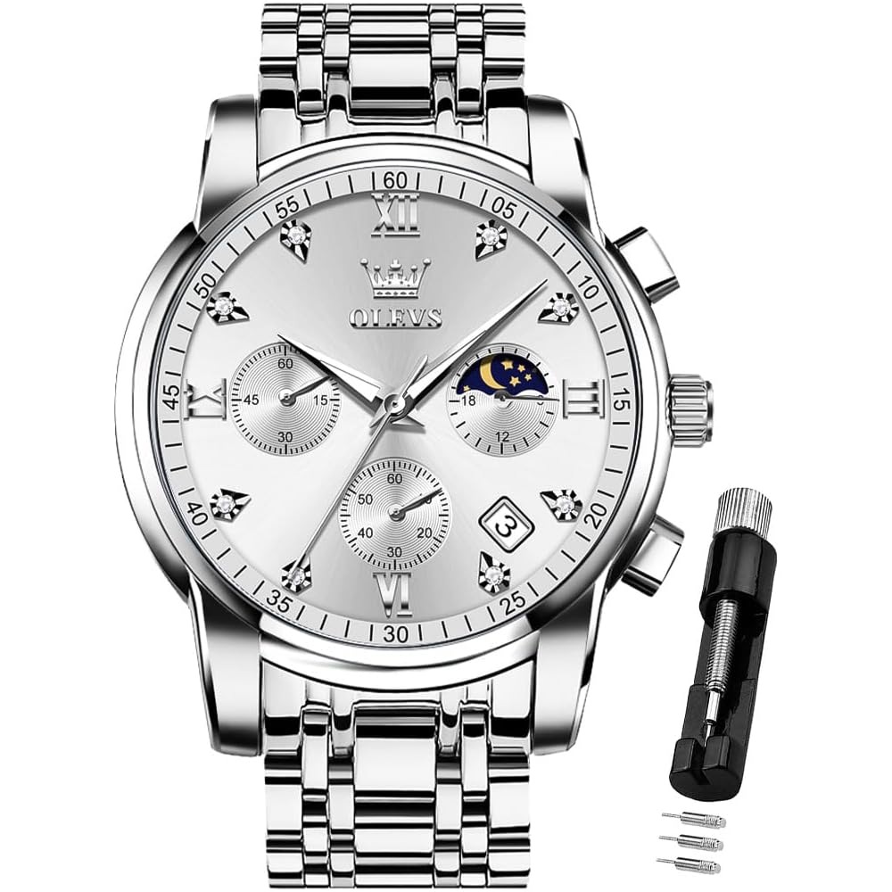 OLEVS Men s Luxury Analog Quartz Watch Silver Stainless Steel Waterproof Date Two-Tone Casual Timepiece
