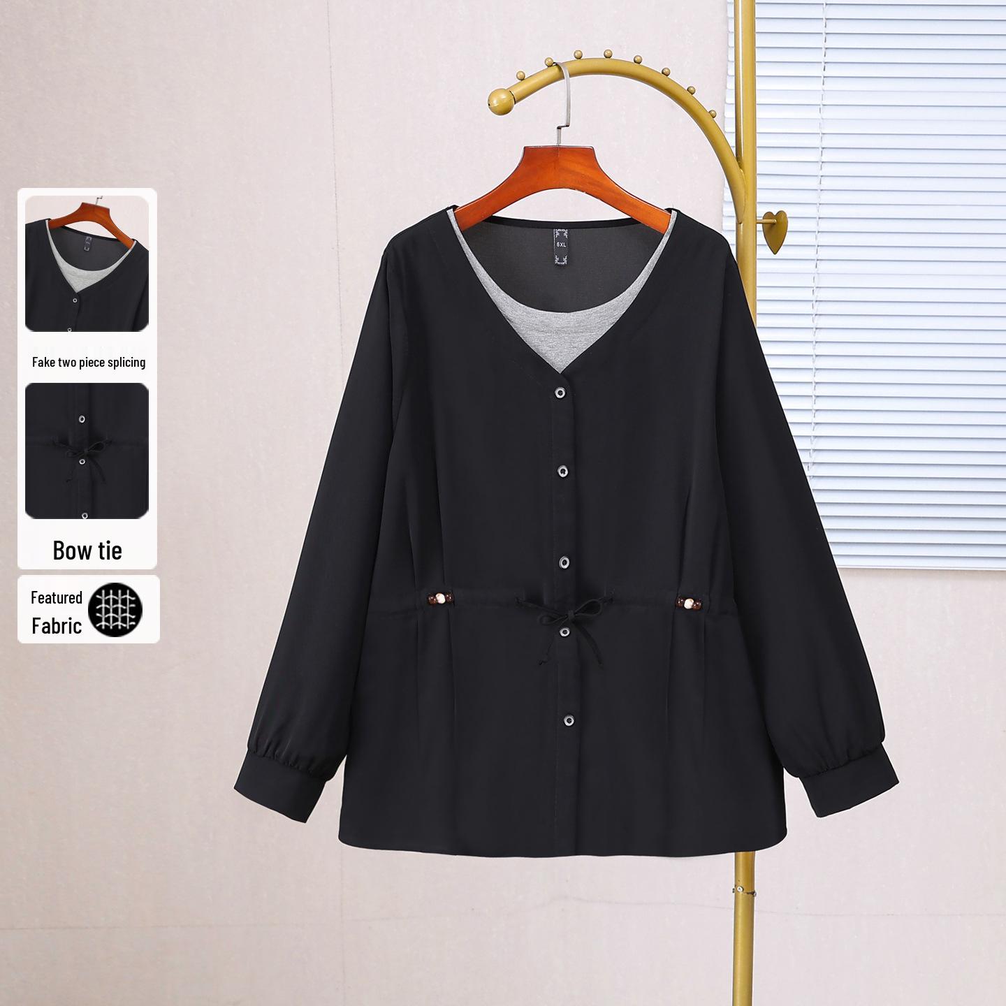 

Plus Size Women s Chiffon Fake Two-Piece Shirt - Spring/Autumn Slimming T-shirt, Style 66001T 6XL (fits 90-100 kg) чёрный