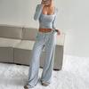 Women's Striped 2 Piece Outfits Long Sleeve Square Neck Cropped Top Drawstring Wide Leg Pants Set Casual Lounge Sweatsuits