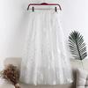 Qooth Polka Dot Midi Skirt Calf Length Tulle Skirt Embroidery Print with Paillette for Summer QT2108