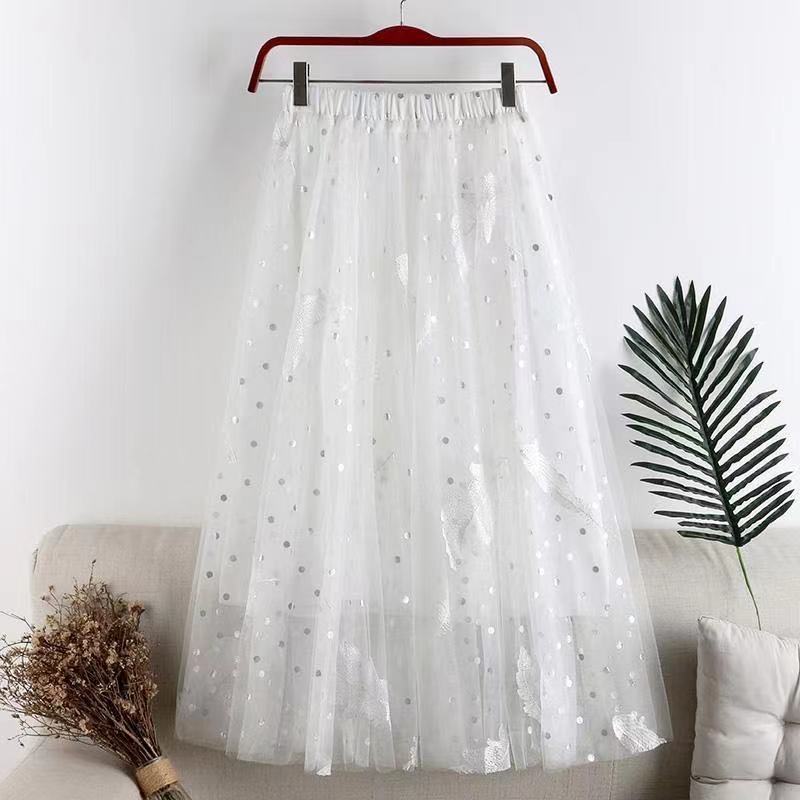 Qooth Polka Dot Midi Skirt Calf Length Tulle Skirt Embroidery Print with Paillette for Summer QT2108