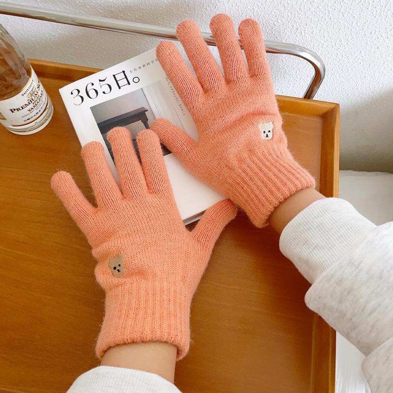 Bear knitted wool gloves winter warm touch screen cute solid color embroidery split finger opening leak finger tide