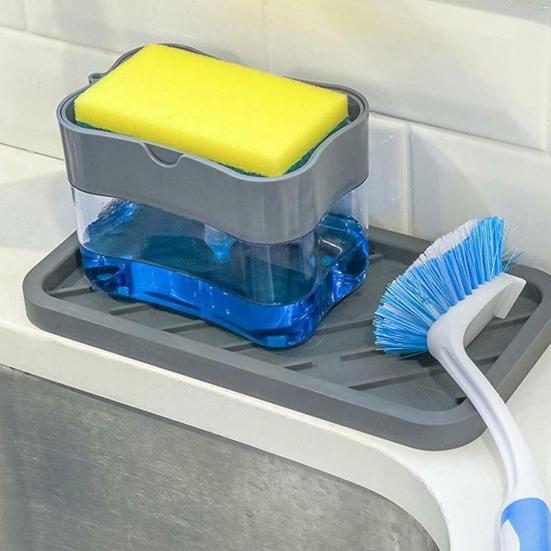 2 in 1 Kitchen Sink Soap Liquid Dispenser Box Easy Press Dishwash Liquid Box with Dishcloths Pot Sponge Brush