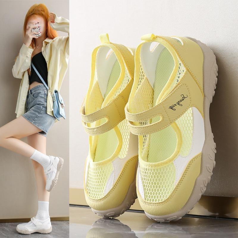 Womens Sandals 2025 Summer New Breathable Mesh Hollow Ballet Dance Shoes Thick Sole Inner Height Increase Soft Sole Casual Shoes