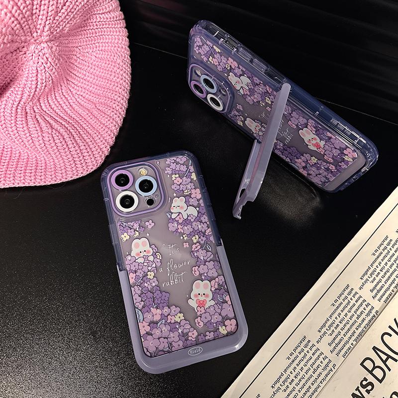 Lovely Purple Flowers Rabbit Stand Holder Case For Iphone 14 Pro Max 13 11 12 14 Plus Bunny Invisible Bracket Phone Cover