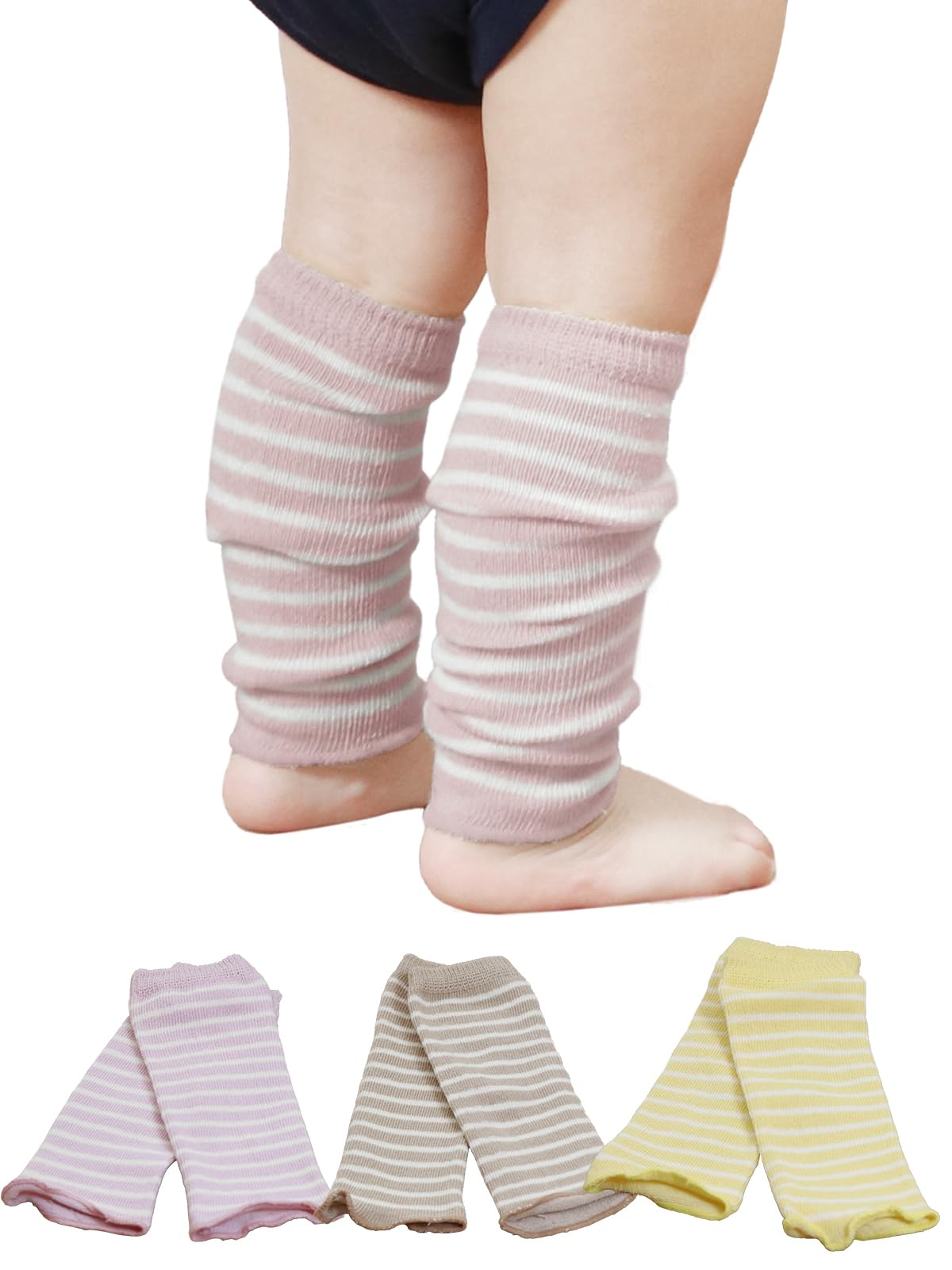 

Maison Peony Baby Leg Thick Newborn Made in Japan Warmers, 3-Pair Set, Striped, 100% Cotton, (3-24 Months), Gift, Present, (Baby Pink, Brown, Yellow)