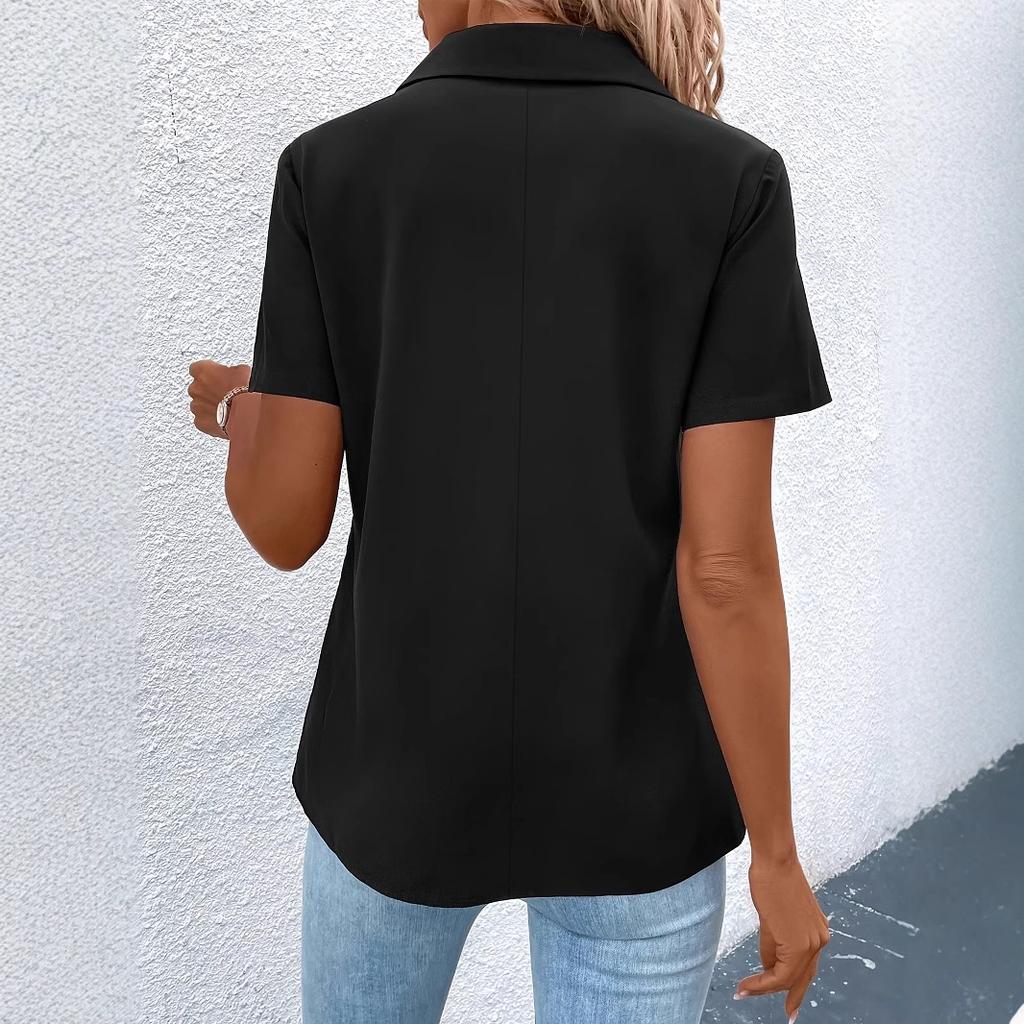 Women's summer short-sleeved zipper lapel black T-shirt