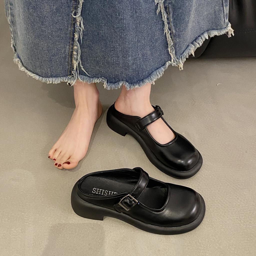 French baotou half-drag women's platform heightening retro 2025 spring new commuter small leather shoes Mary Jane cool slippers