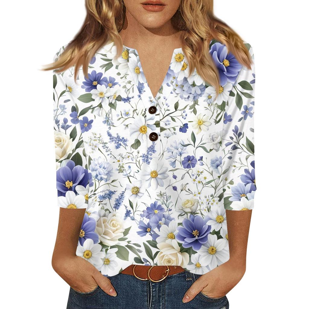 Women's T Shirt Print Button 3/4 Sleeve Daily Weekend Fashion Basic V- Neck Regular Top