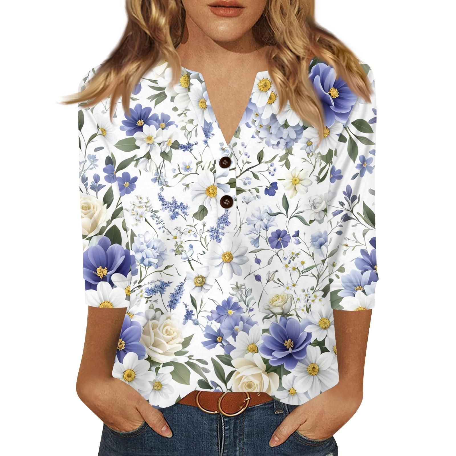 

Жен. Футболка С принтом Пуговицы Рукав 3/4 Повседневные Выходные Мода Классический Классический V-образный вырез Обычный Верх XL фиолетовый