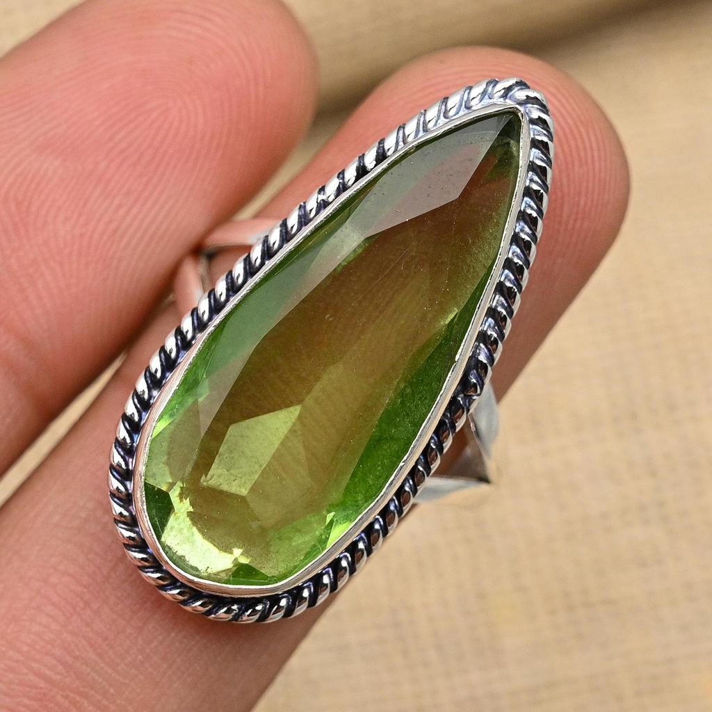 Green Amethyst Gemstone 925 Sterling Silver Handmade Ring Jewelry Beauteous Gift For Her