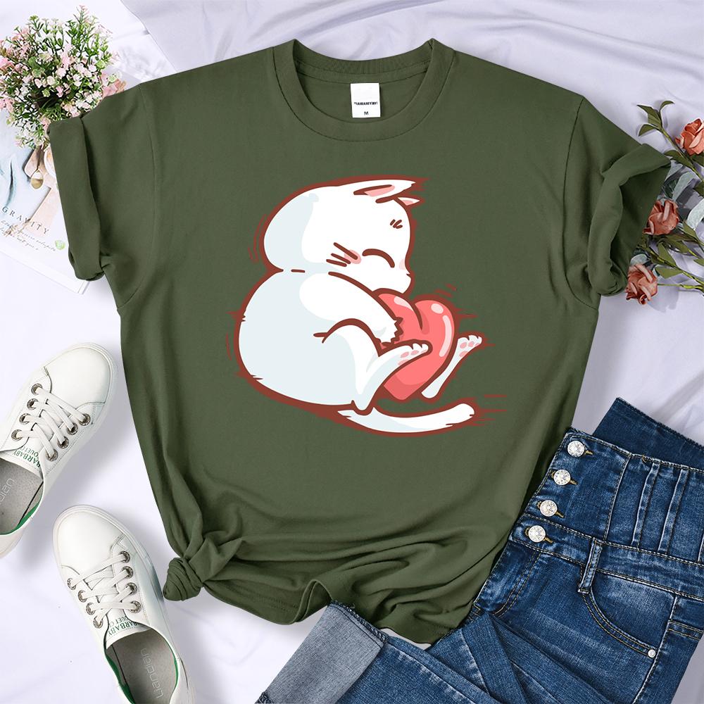 Embrace The Red Heart White Cat Summer 3D Printing Women T-Shirt Hip Hop Soft T Shirts All-Match Y2K Clothing O-Neck Casual Streetwear