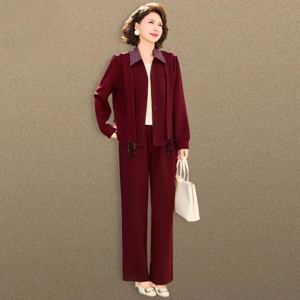 Sophisticated Spring & Autumn Two-Piece Set for Middle-Aged and Elderly Women - 2026 New Style Lapel Shirt Set