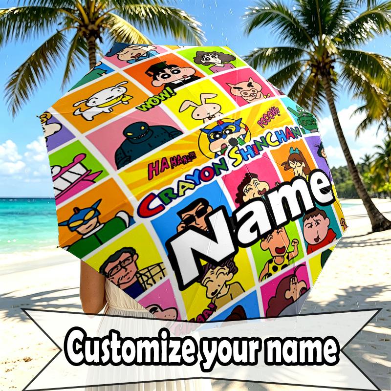 Custom Name Personalized Crayon Shin Print Umbrella, Auto Open Close, 8‑Rib Sturdy Frame, Commute Camping Hiking Use, Birthday Gift
