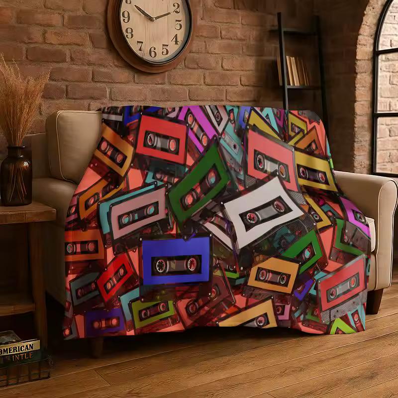 Retro Tape Cassette Music Flannel Blanket Soft Warm Throw Blanket for Bedroom Living Room Bed Travel Camping Picnic Cover Gift