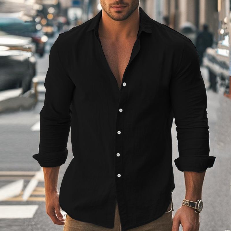 Spring Autumn Fashion Shirts Men Casual Solid Color Cotton Linen Breathable Shirt