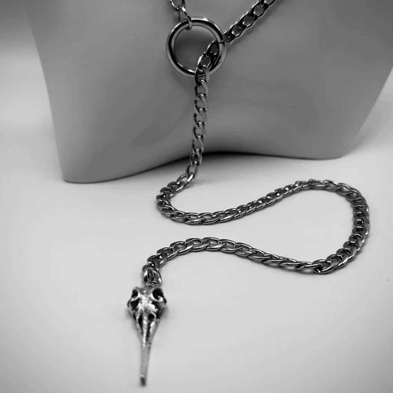 Raven Skull Stainless Steel Cuban Link Necklace with O-ring Pendant