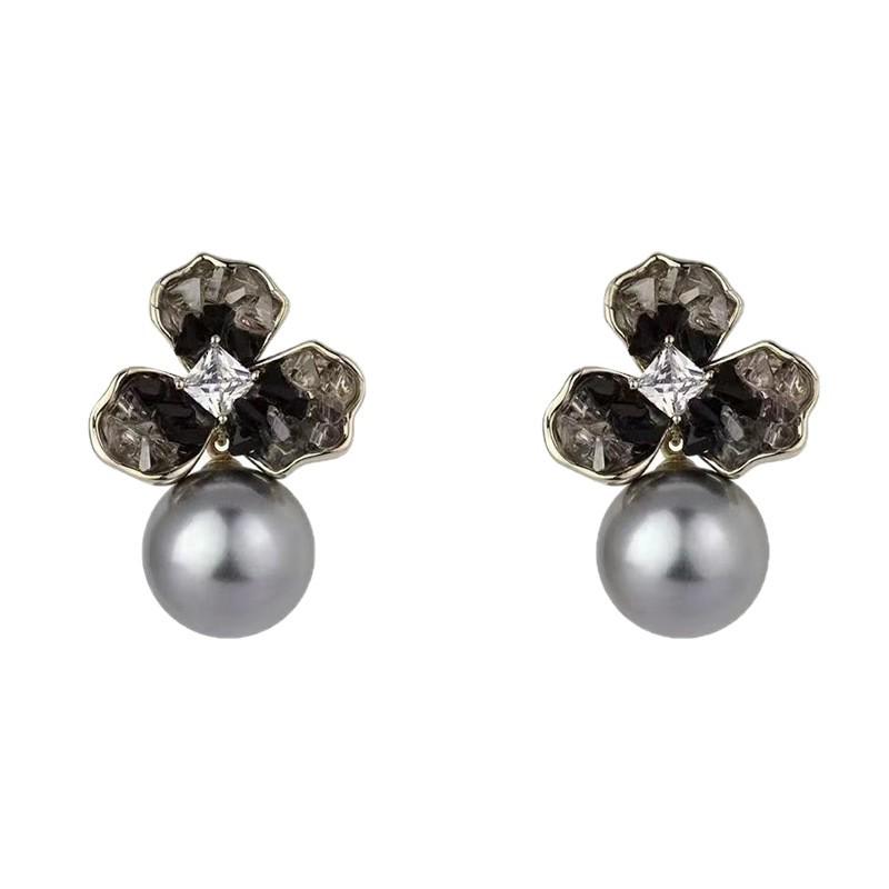 High-End Crystal Flower Earrings with Gray Pearl and 925 Sterling Silver for Women