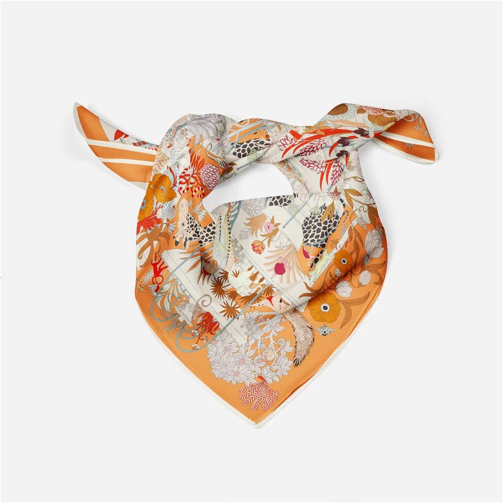 Twill Silk Scarf Woman Treasure Park Print Square Scarves Wraps Bandana Small Hijab Silk Foulards Tie Headband Neckerchief 53CM