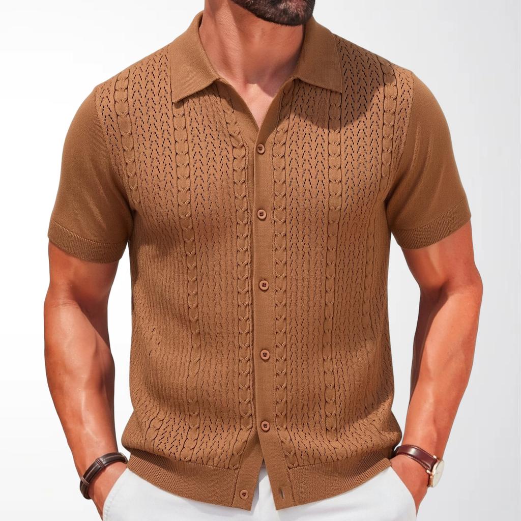 Men's Summer Knit Shirts Short Sleeve Button Down Polo Shirt Beach Knitted Casual Shirt Tops Breathable Lightweight Vacation Vintage Shirts for Male