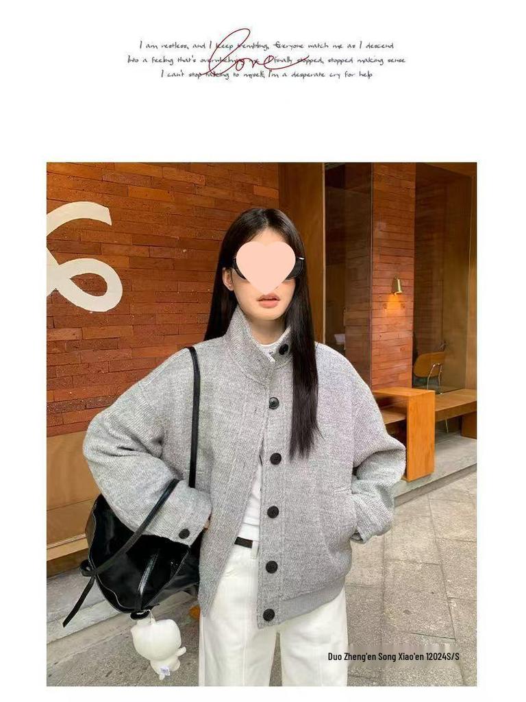 American Retro Gray Wool Blend Stand Collar Jacket - Women's Casual Autumn/Winter Top