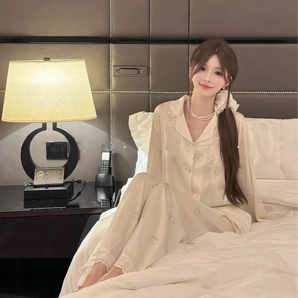 Kitty cat pajamas women's ice silk autumn and winter long-sleeved trousers set lace-edged silk loungewear can be worn outside