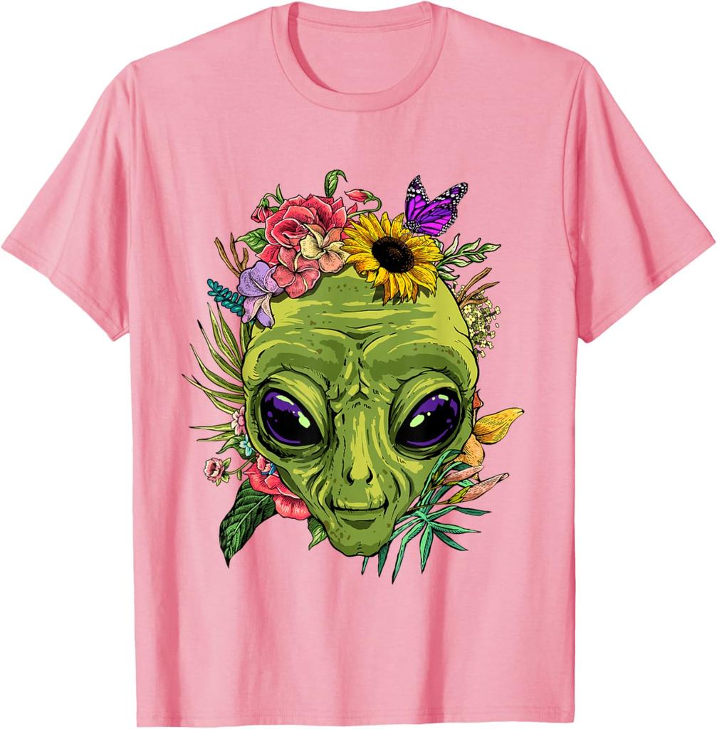Alien mit Blumen Grafik-T-Shirt Herren Lässig Sommerausflug Rundhals-T-Shirt