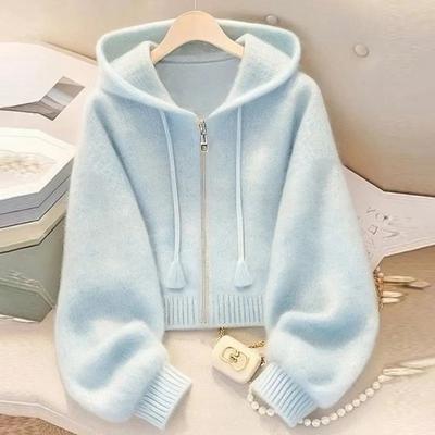 Automne Printemps Style Paresseux Bleu Doux Cardigans Pulls Femmes Manches Longues Élégant Veste Tricotée Design Doux Féminin Décontracté Hauts Vêtements d'Extérieur à Capuche