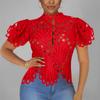 Hollow Out Nightclub Women Sexy Blouse Puff Sleeve Vintage Summer Top Button Up Stand Irregular Elegant Shirts Lady Blusas 26527