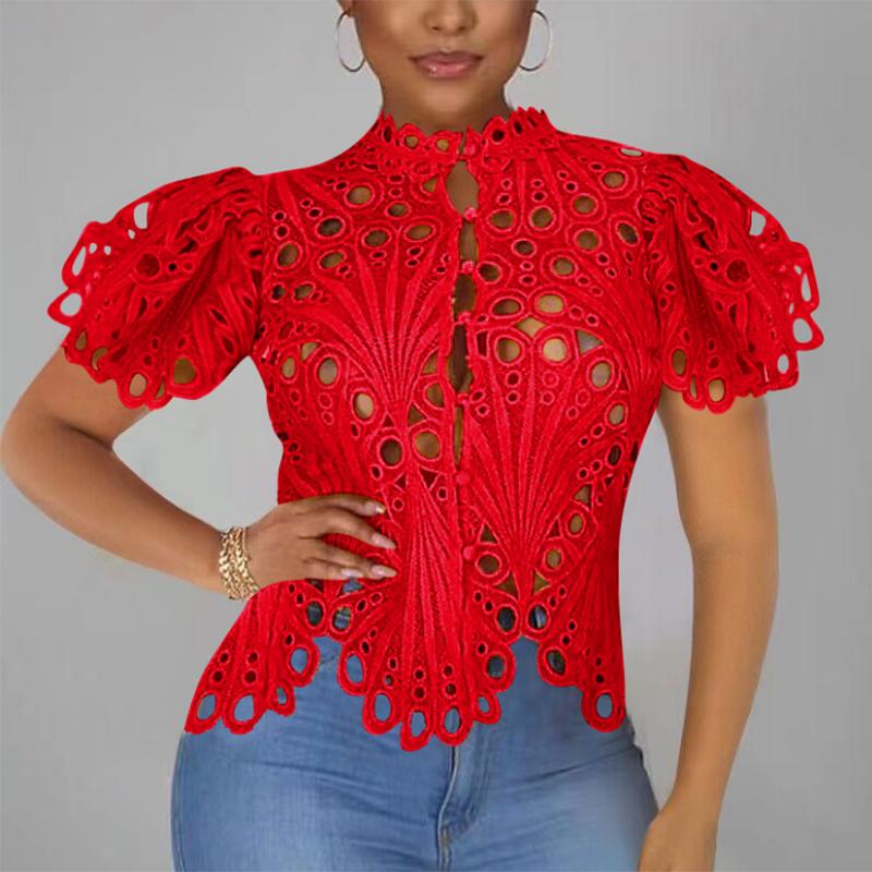 Hollow Out Nightclub Women Sexy Blouse Puff Sleeve Vintage Summer Top Button Up Stand Irregular Elegant Shirts Lady Blusas 26527